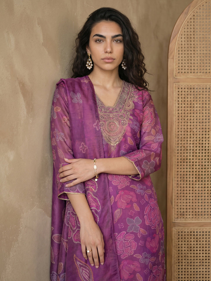 Libas Purple Bandhani Printed Tissue Straight Suit Set