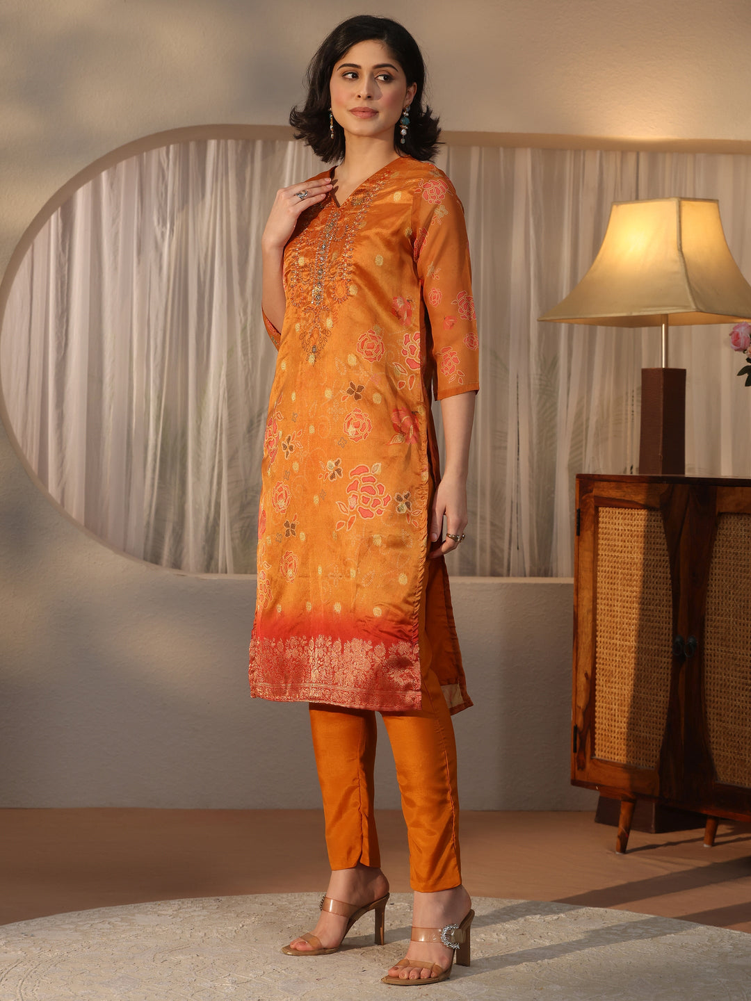 Libas Rust Orange Bandhani Printed Organza Straight Suit Set