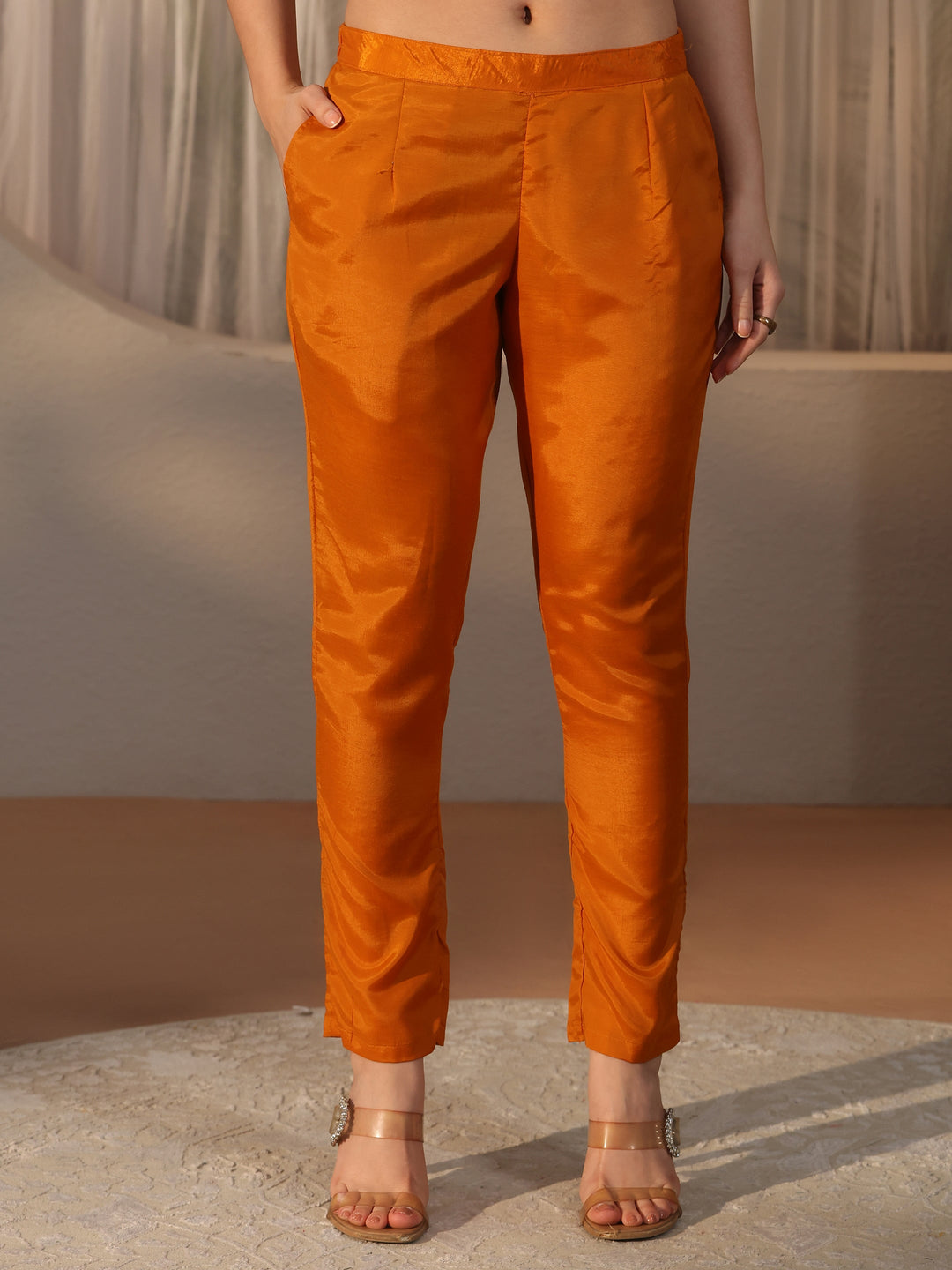 Libas Rust Orange Bandhani Printed Organza Straight Suit Set