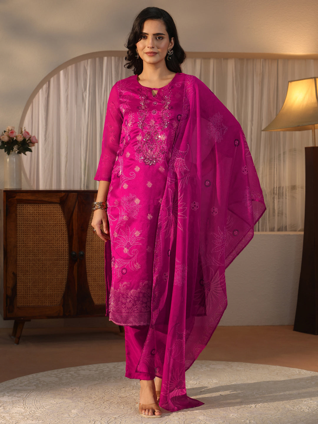 Libas Pink Bandhani Printed Organza Straight Suit Set