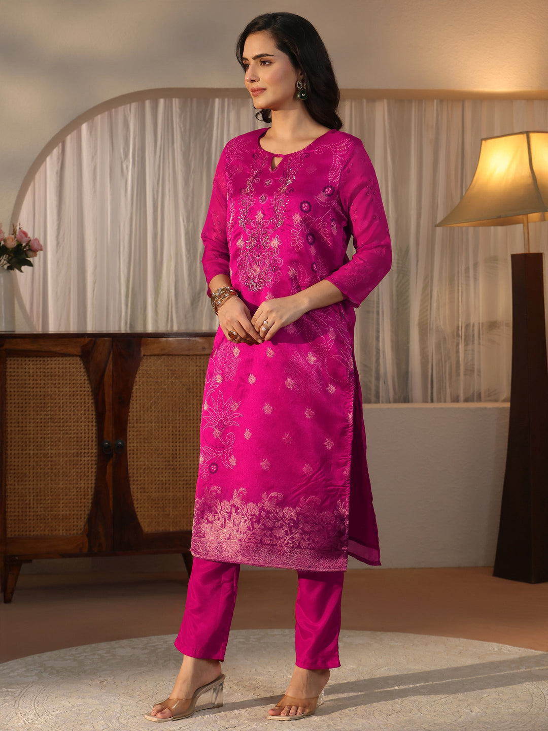 Libas Pink Bandhani Printed Organza Straight Suit Set