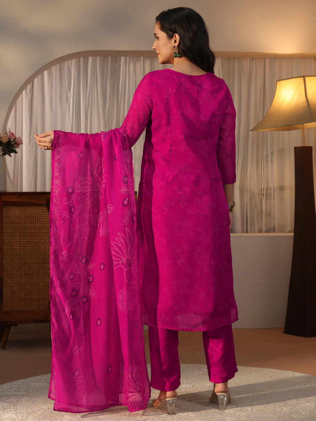 Libas Pink Bandhani Printed Organza Straight Suit Set