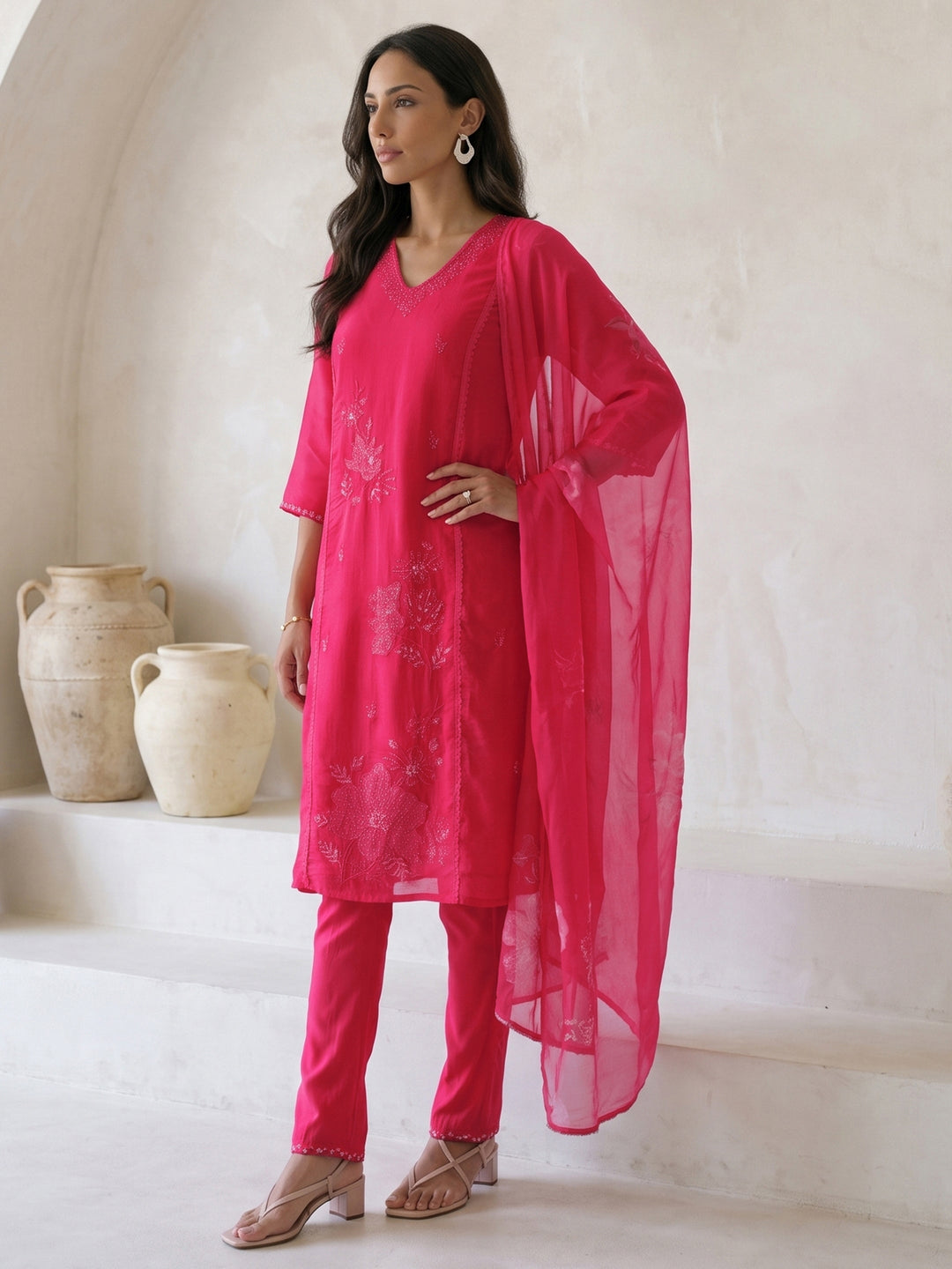 Libas Pink Floral Embroidered Chanderi Silk Straight Suit Set