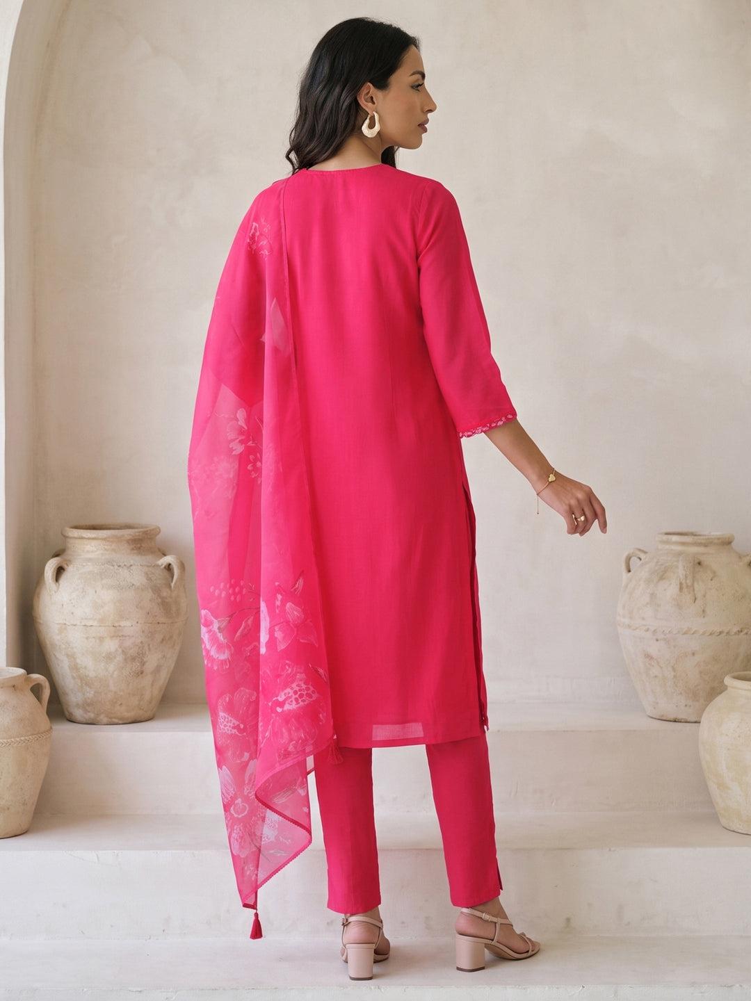 Libas Pink Floral Embroidered Chanderi Silk Straight Suit Set