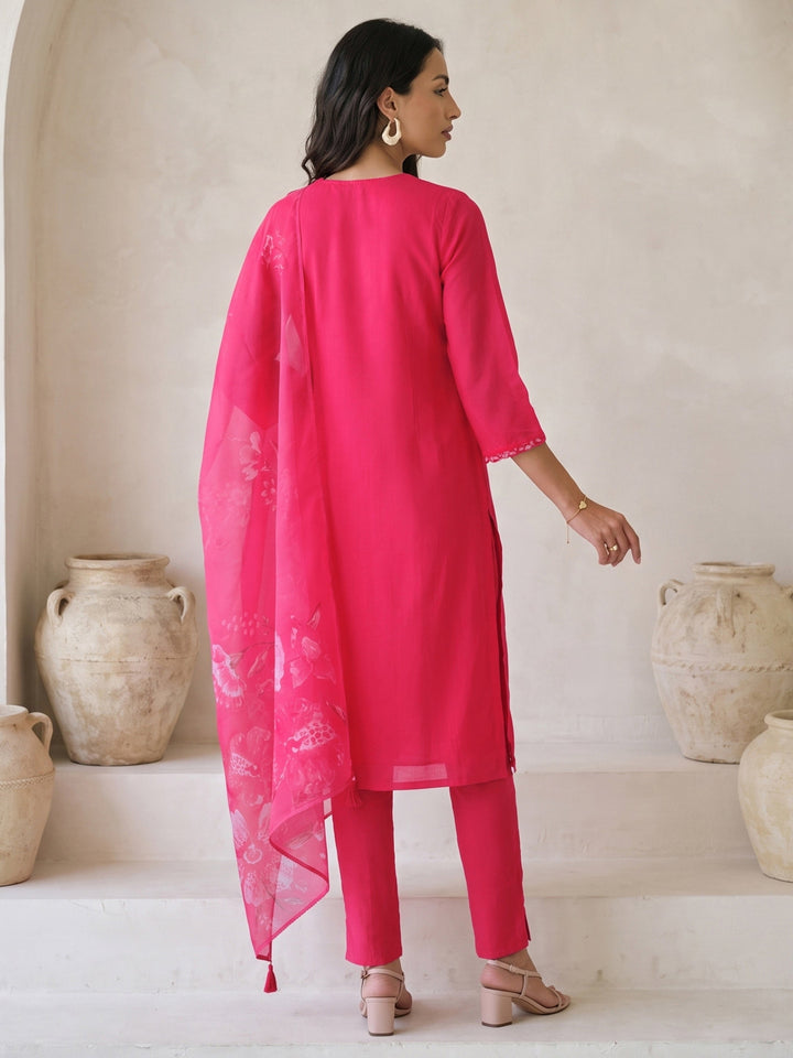 Libas Pink Floral Embroidered Chanderi Silk Straight Suit Set