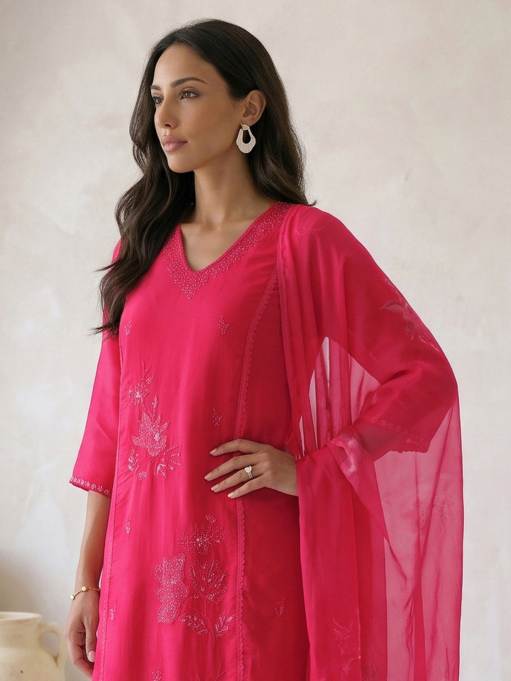 Libas Pink Floral Embroidered Chanderi Silk Straight Suit Set