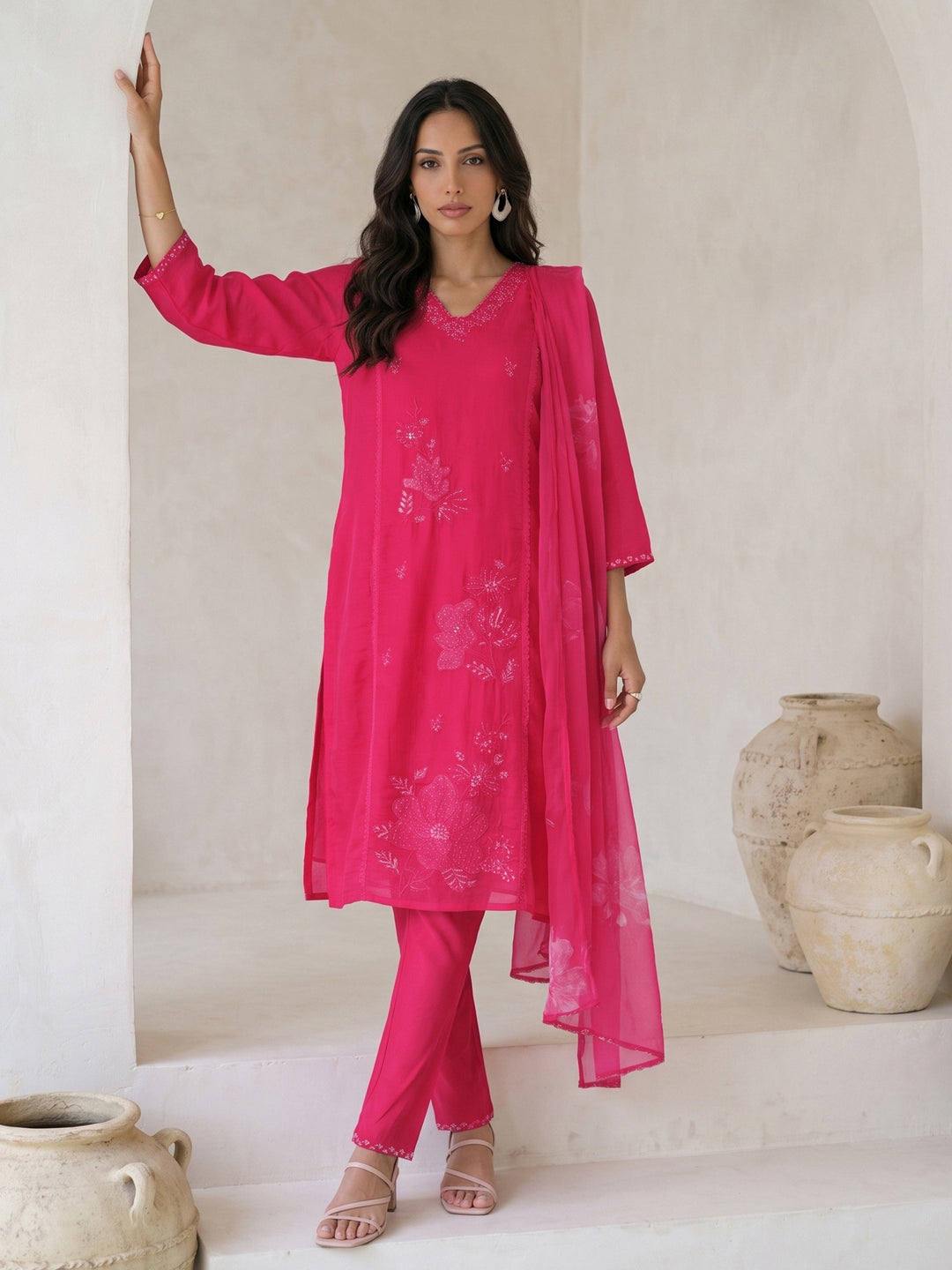 Libas Pink Floral Embroidered Chanderi Silk Straight Suit Set