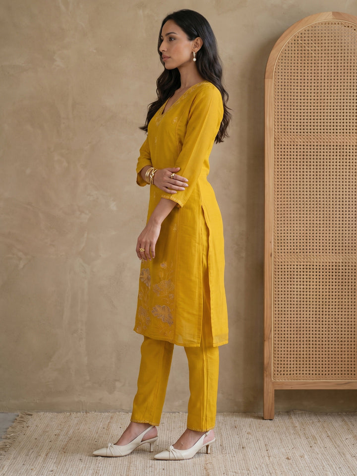 Libas Mustard Floral Embroidered Chanderi Silk Straight Suit Set
