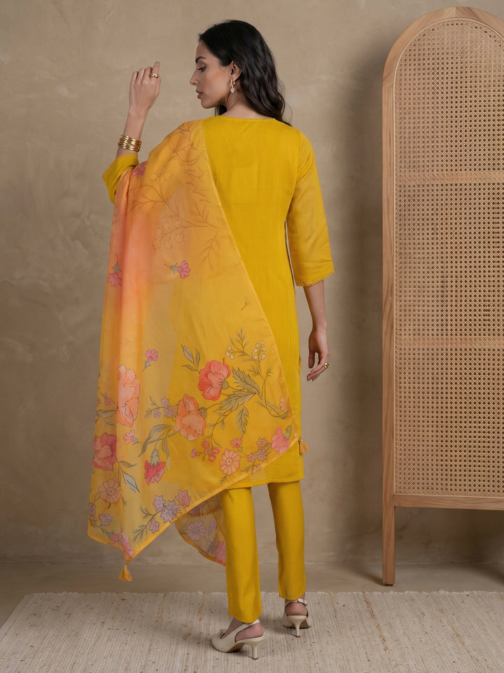 Libas Mustard Floral Embroidered Chanderi Silk Straight Suit Set