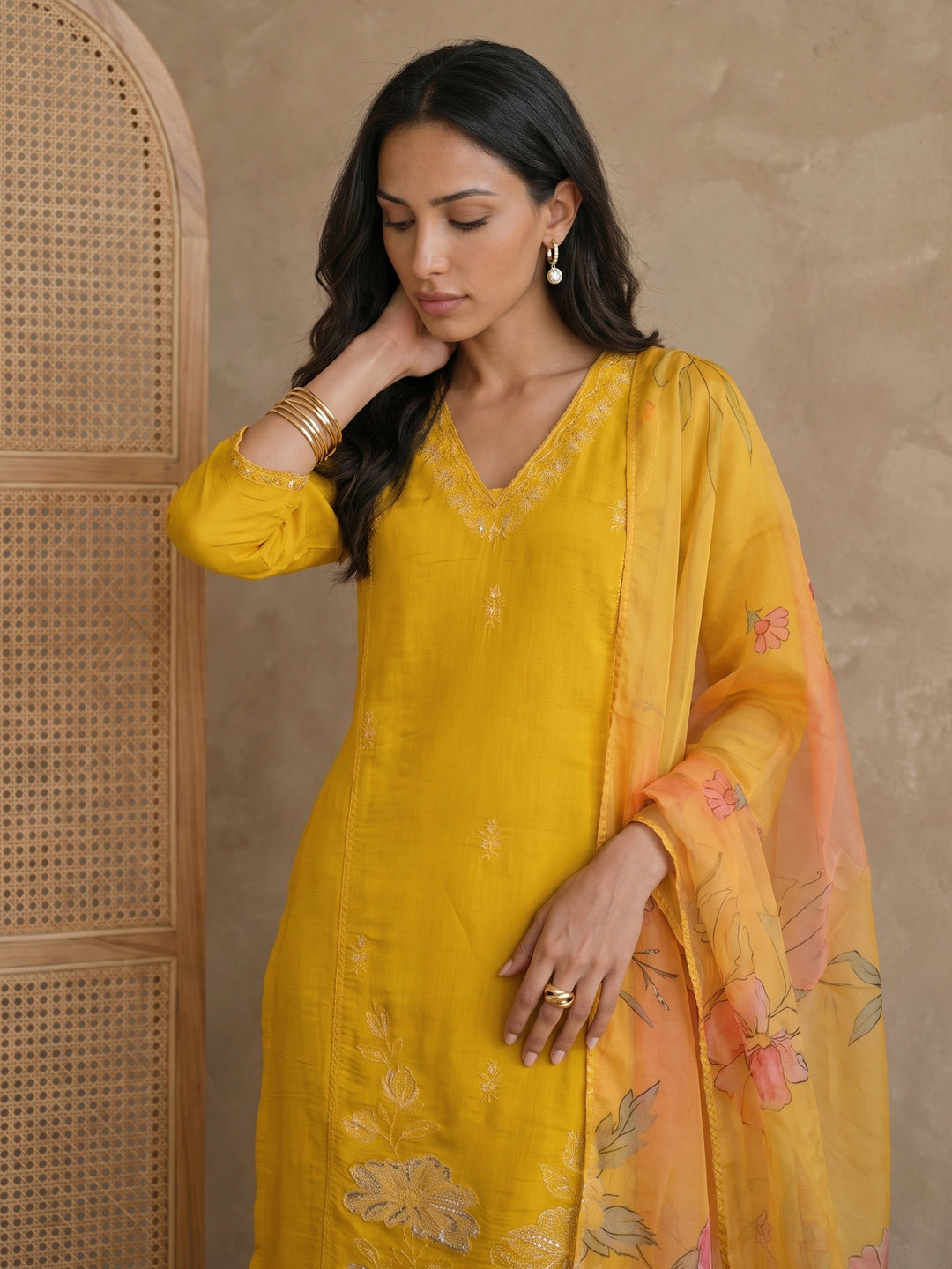 Libas Mustard Floral Embroidered Chanderi Silk Straight Suit Set