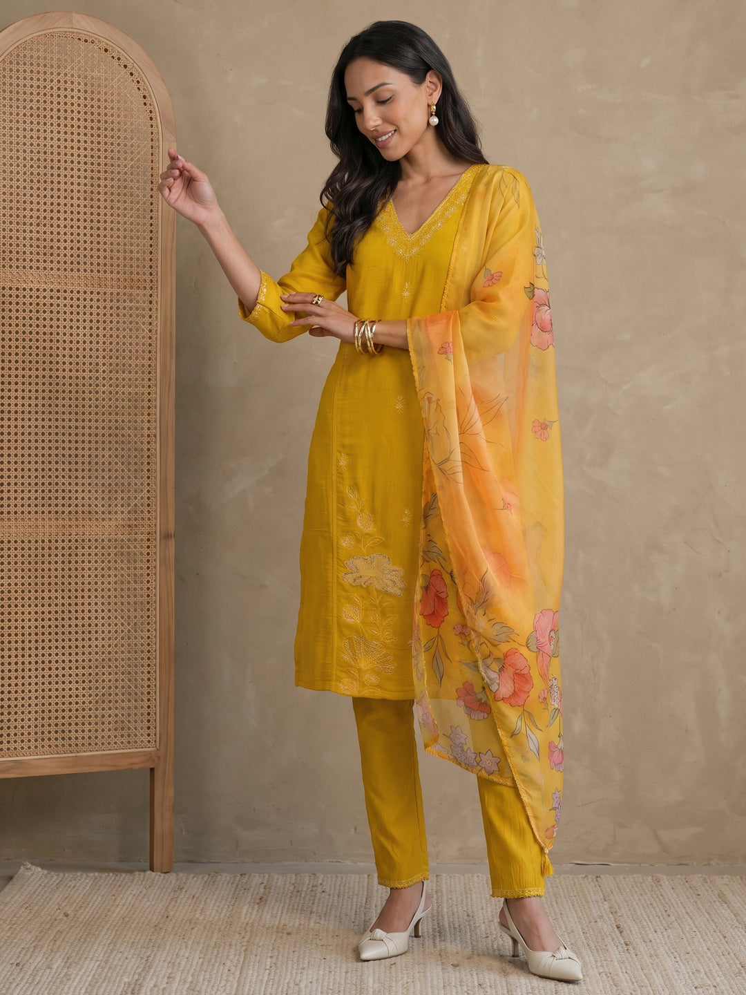 Libas Mustard Floral Embroidered Chanderi Silk Straight Suit Set