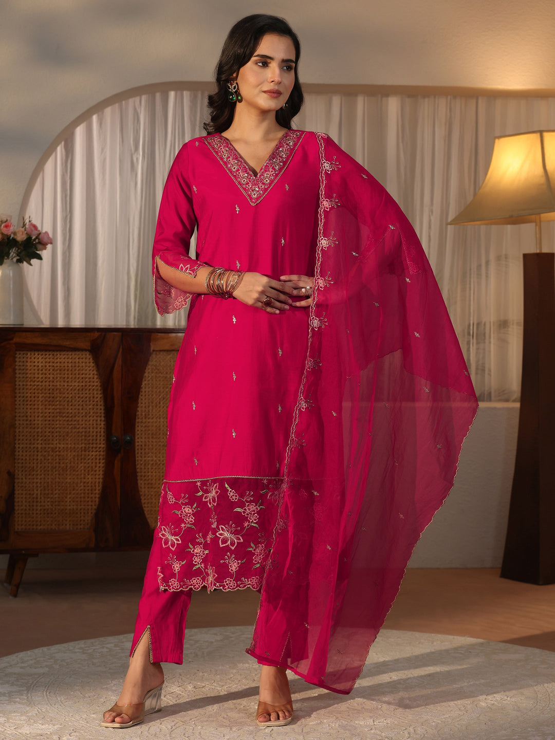 Libas Pink Floral Embroidered Silk Blend Straight Suit Set