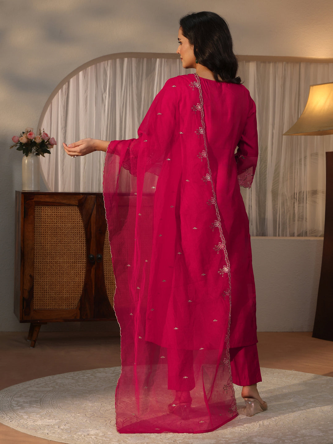 Libas Pink Floral Embroidered Silk Blend Straight Suit Set