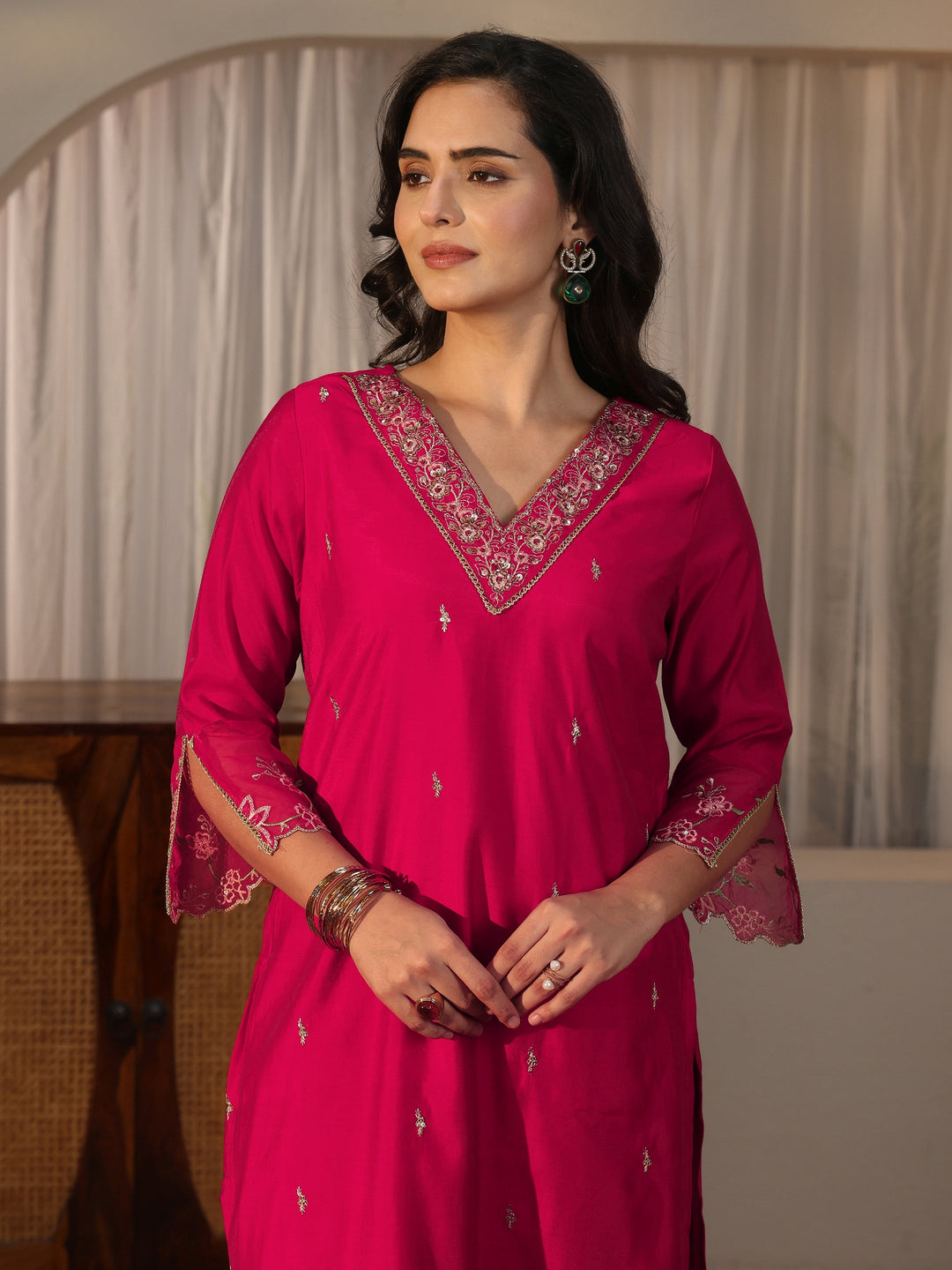Libas Pink Floral Embroidered Silk Blend Straight Suit Set