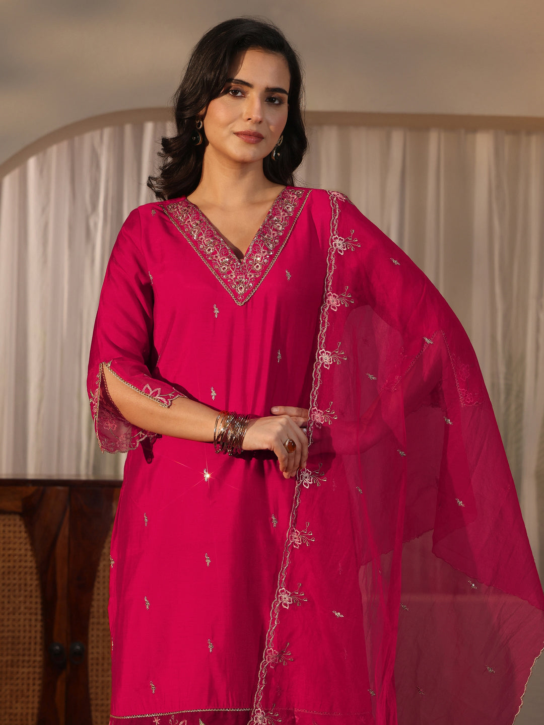 Libas Pink Floral Embroidered Silk Blend Straight Suit Set