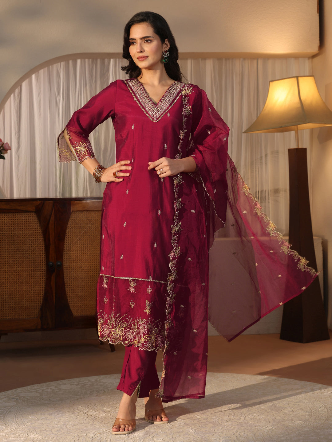Libas Maroon Yoke Design Embroidered Silk Blend Straight Suit Set