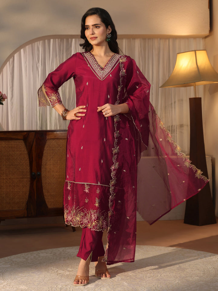Libas Maroon Yoke Design Embroidered Silk Blend Straight Suit Set