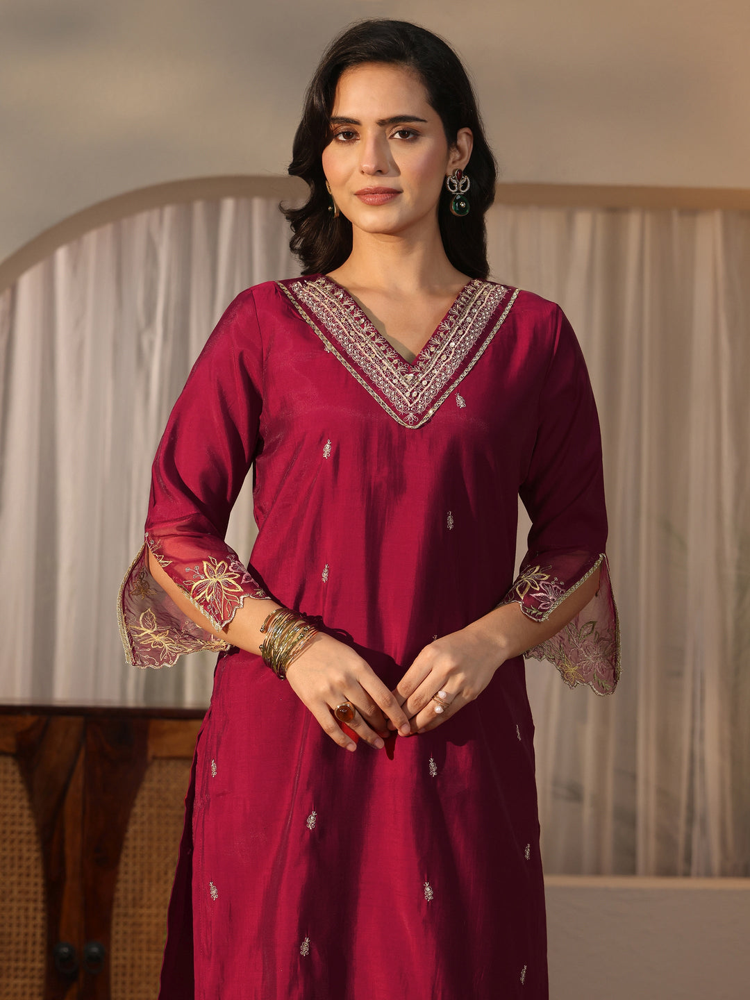 Libas Maroon Yoke Design Embroidered Silk Blend Straight Suit Set