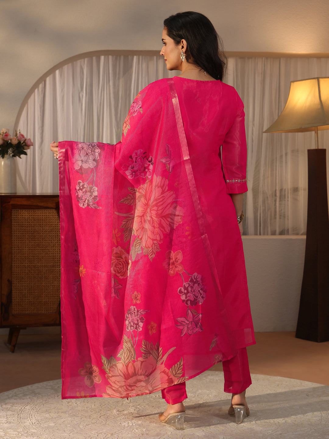 Libas Pink Floral Embroidered Tissue Straight Suit Set