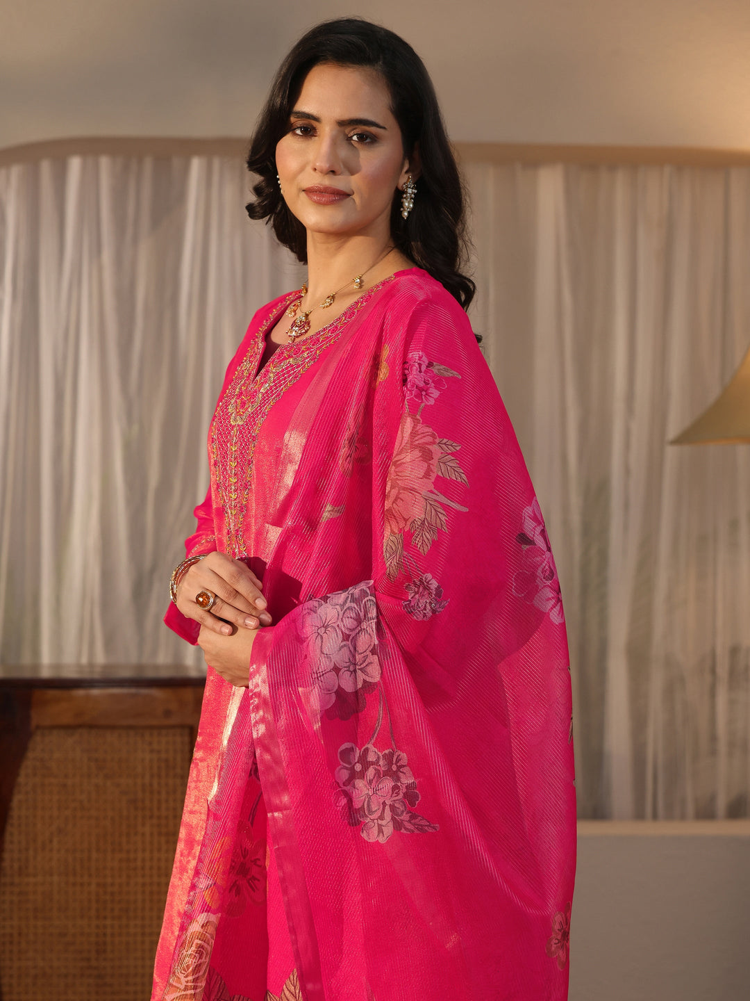Libas Pink Floral Embroidered Tissue Straight Suit Set