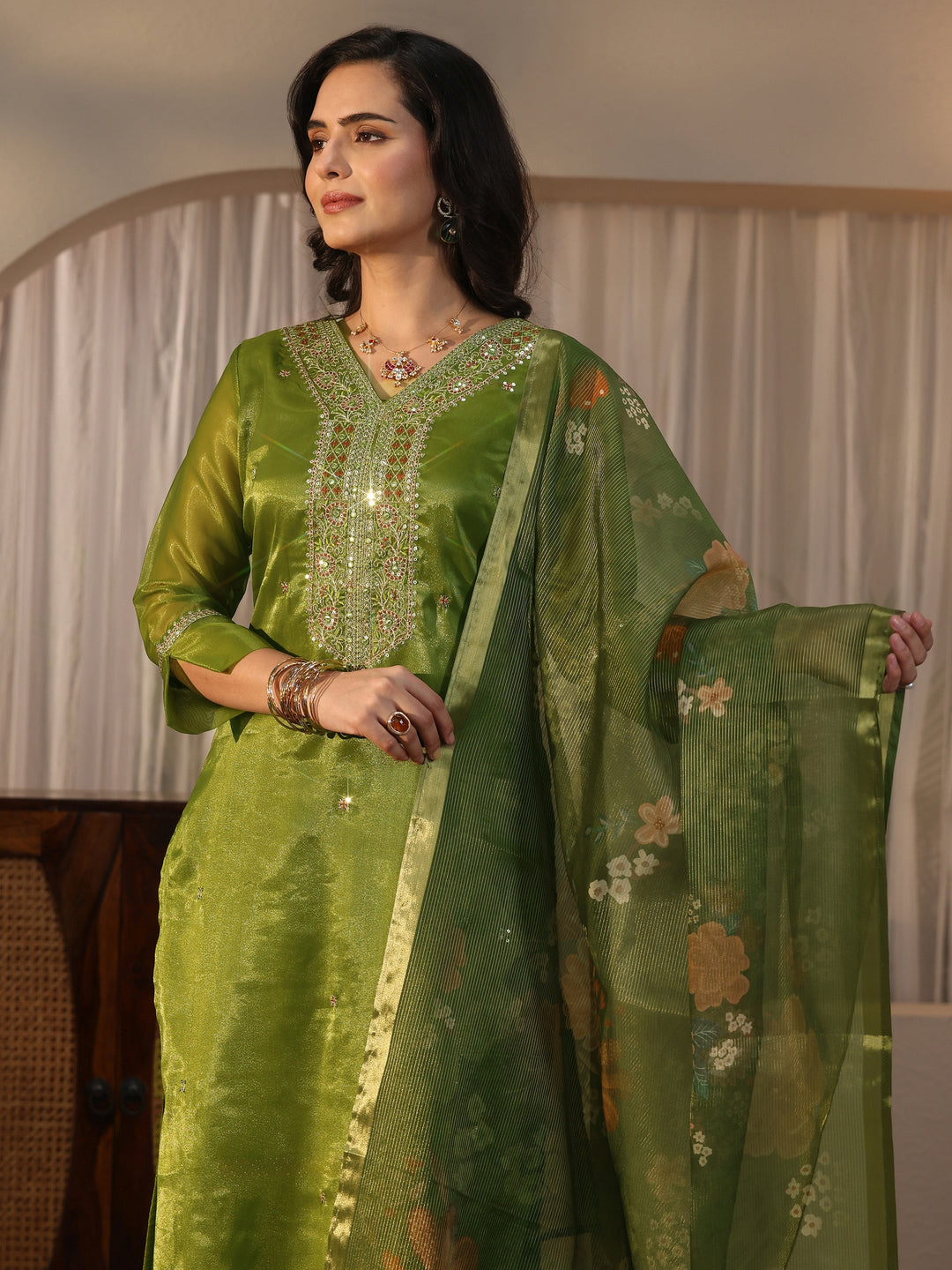 Libas Green Yoke Design Embellished Tissue Straight Suit Set
