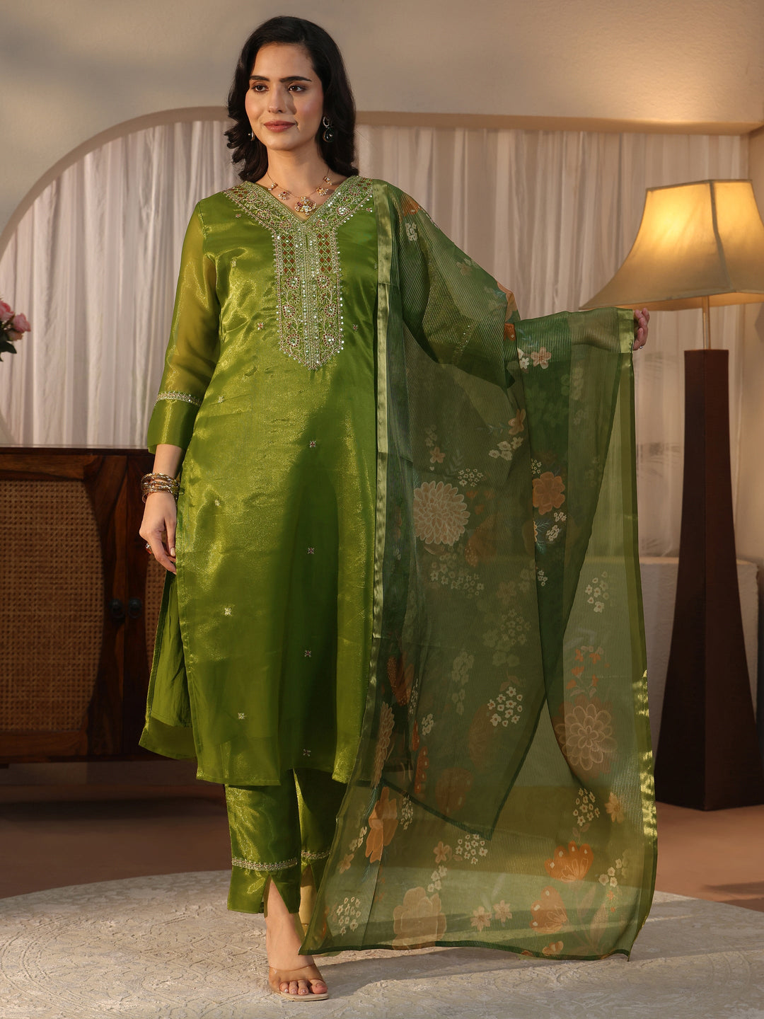 Libas Green Yoke Design Embellished Tissue Straight Suit Set