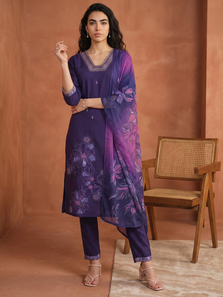 Libas Purple Floral Embroidered Silk Blend Straight Suit Set