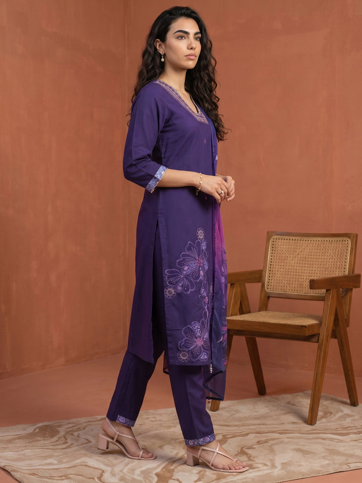 Libas Purple Floral Embroidered Silk Blend Straight Suit Set