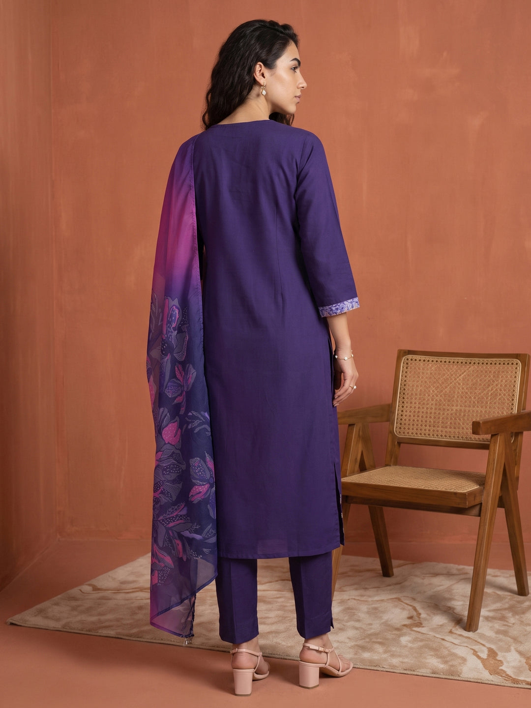 Libas Purple Floral Embroidered Silk Blend Straight Suit Set