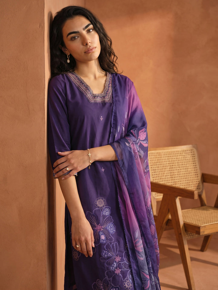 Libas Purple Floral Embroidered Silk Blend Straight Suit Set