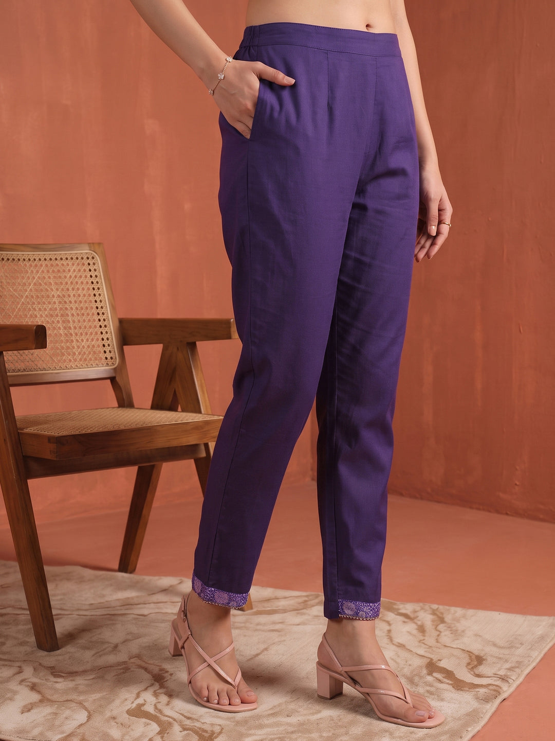 Libas Purple Floral Embroidered Silk Blend Straight Suit Set