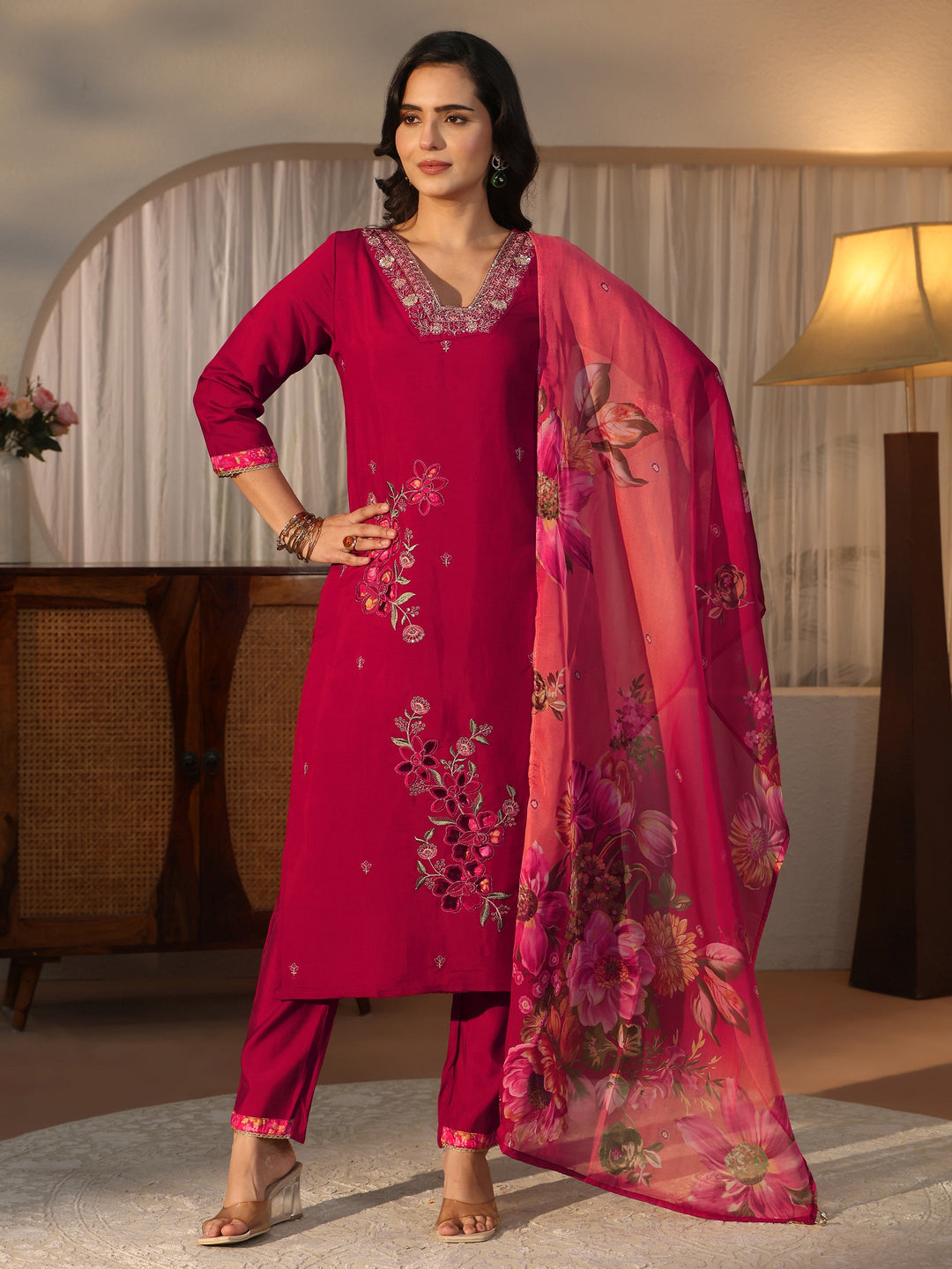 Libas Maroon Floral Embroidered Silk Blend Straight Suit Set