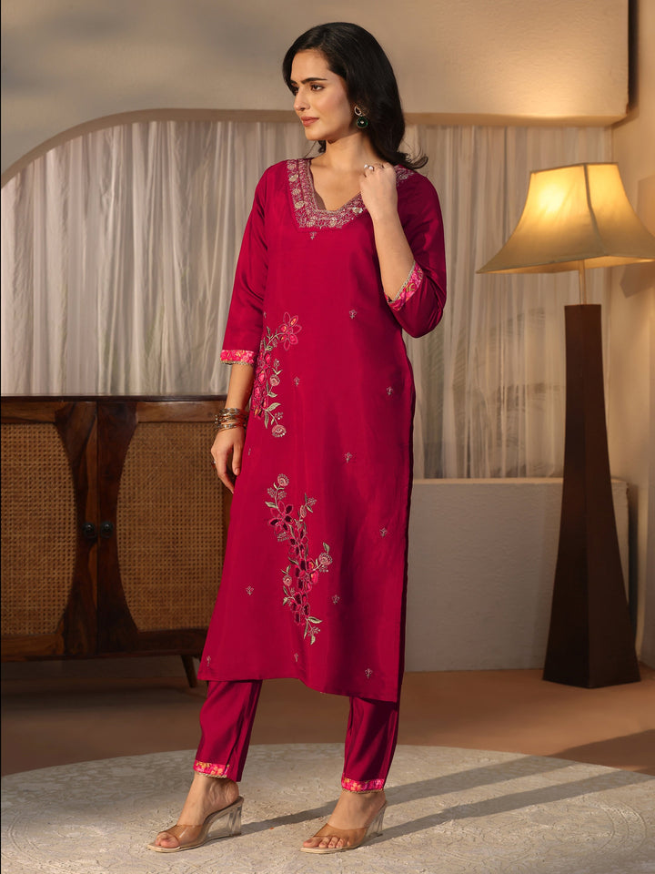 Libas Maroon Floral Embroidered Silk Blend Straight Suit Set
