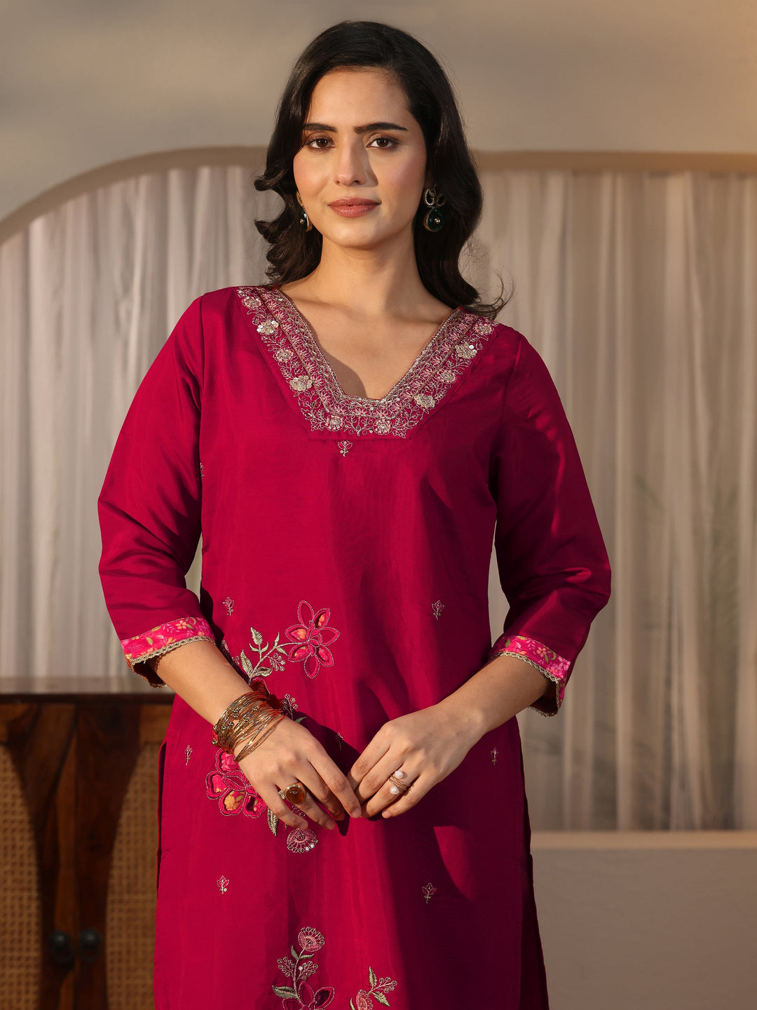 Libas Maroon Floral Embroidered Silk Blend Straight Suit Set