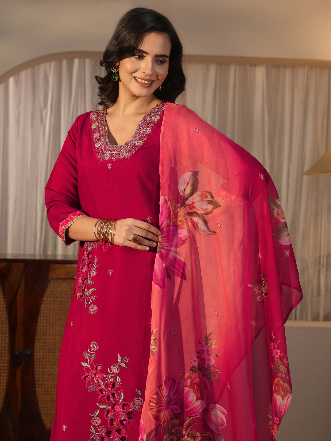 Libas Maroon Floral Embroidered Silk Blend Straight Suit Set