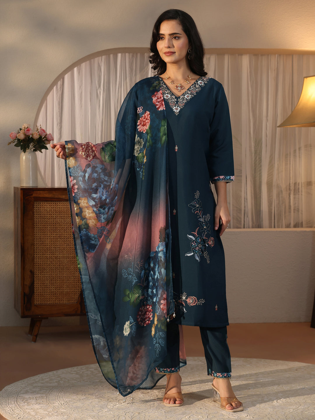 Libas Teal Blue Floral Embroidered Silk Blend Straight Suit Set