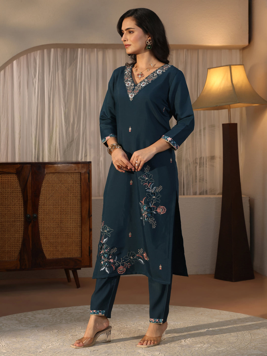 Libas Teal Blue Floral Embroidered Silk Blend Straight Suit Set
