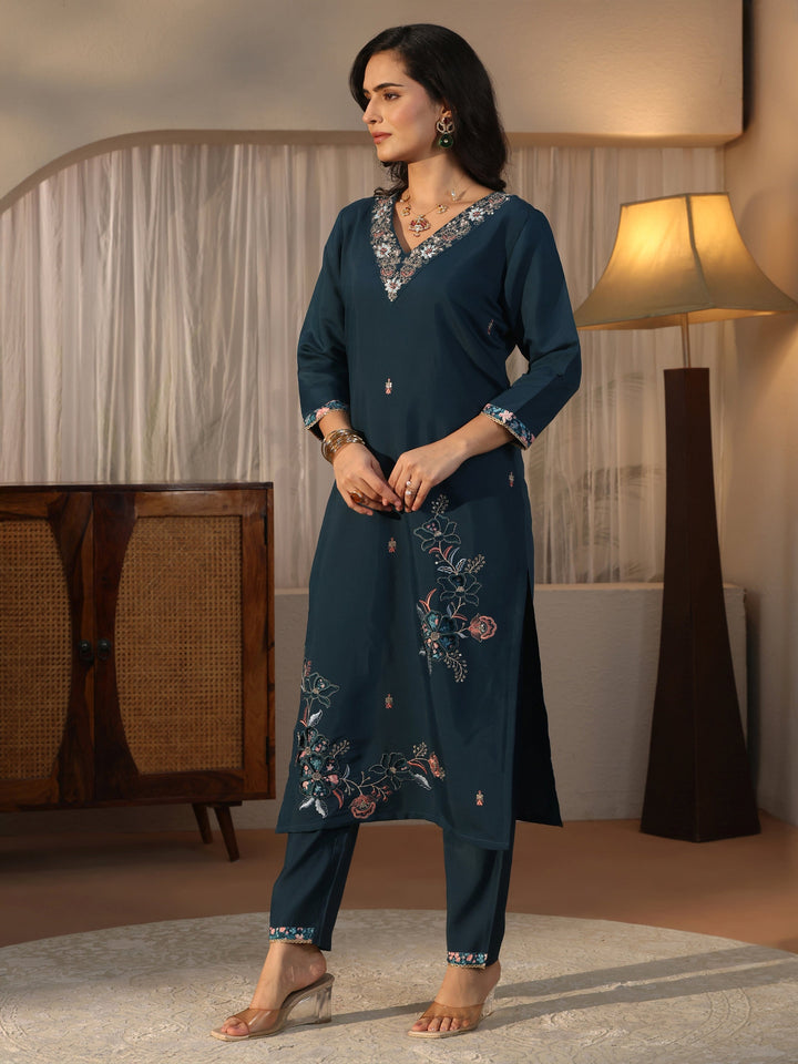 Libas Teal Blue Floral Embroidered Silk Blend Straight Suit Set