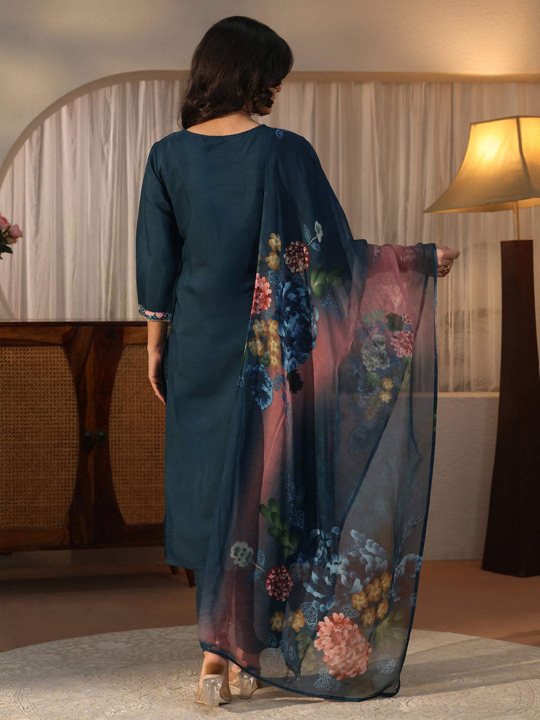 Libas Teal Blue Floral Embroidered Silk Blend Straight Suit Set