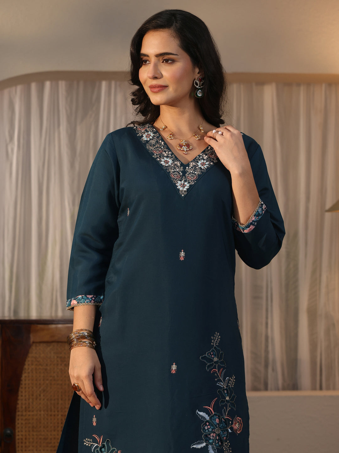 Libas Teal Blue Floral Embroidered Silk Blend Straight Suit Set
