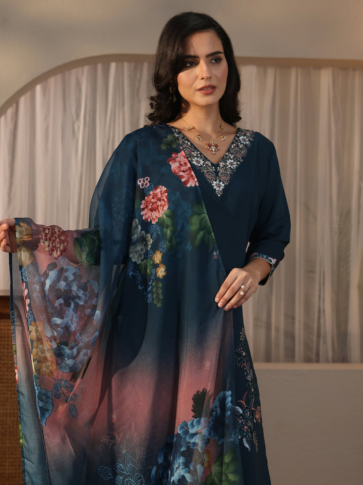Libas Teal Blue Floral Embroidered Silk Blend Straight Suit Set