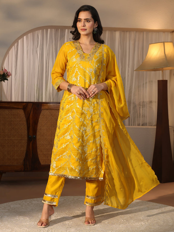 Libas Mustard Floral Embroidered Organza Straight Suit Set