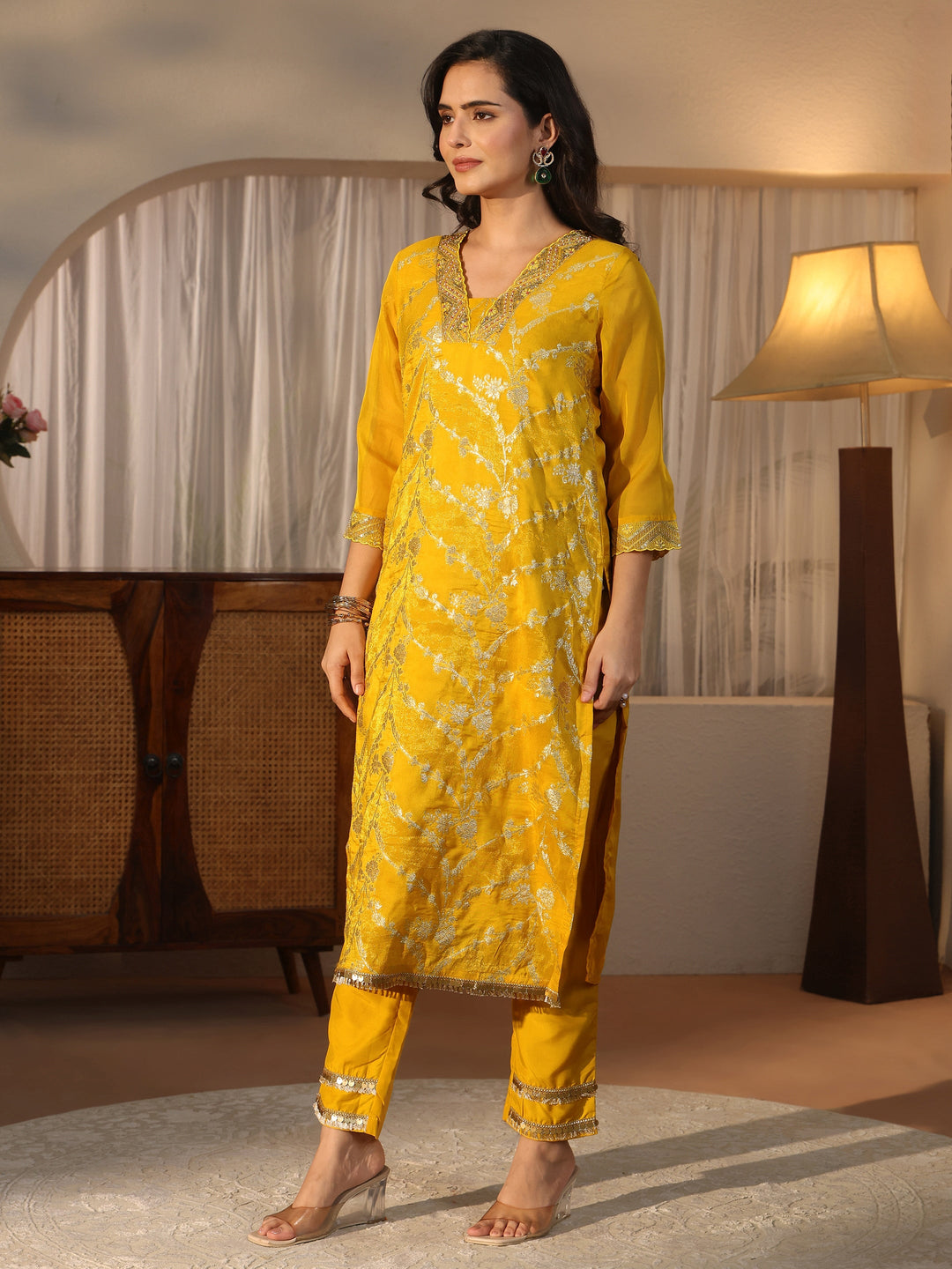 Libas Mustard Floral Embroidered Organza Straight Suit Set