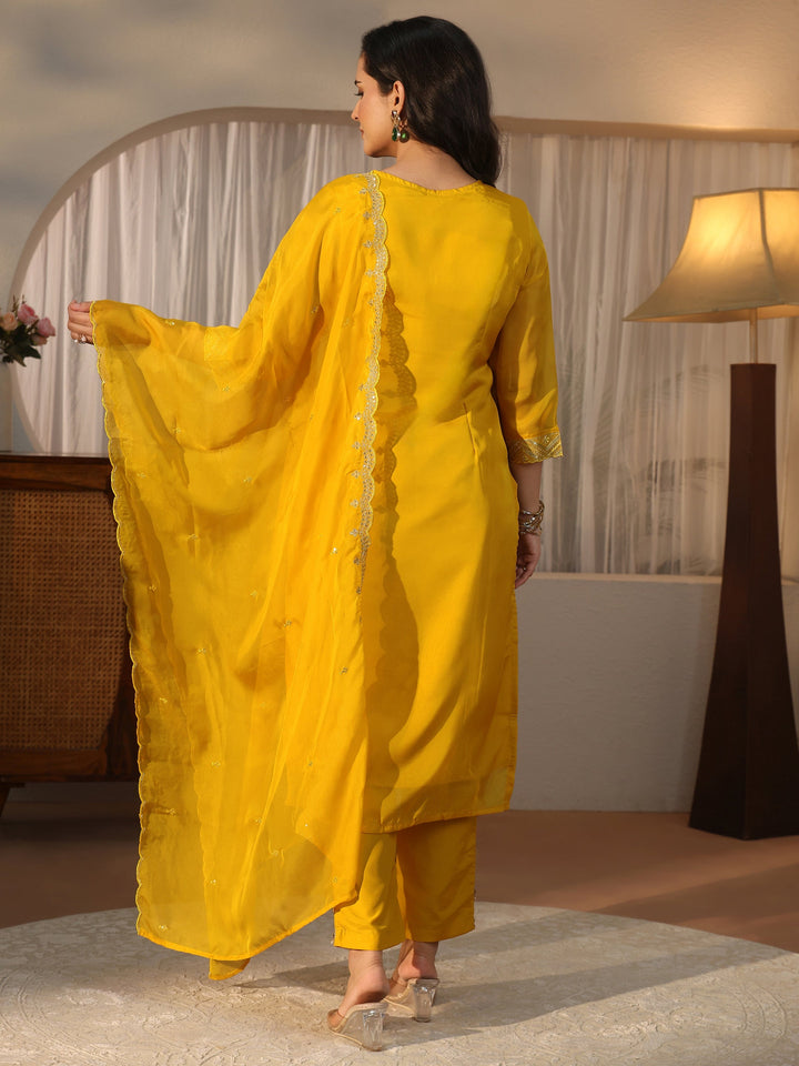 Libas Mustard Floral Embroidered Organza Straight Suit Set