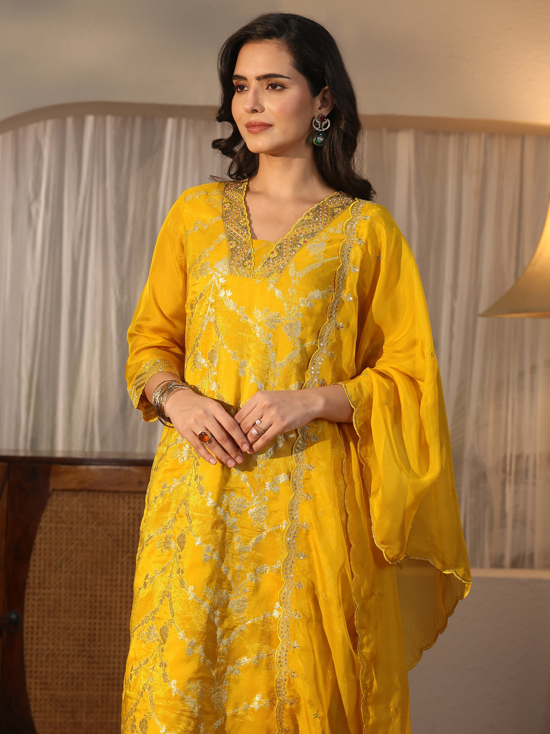 Libas Mustard Floral Embroidered Organza Straight Suit Set