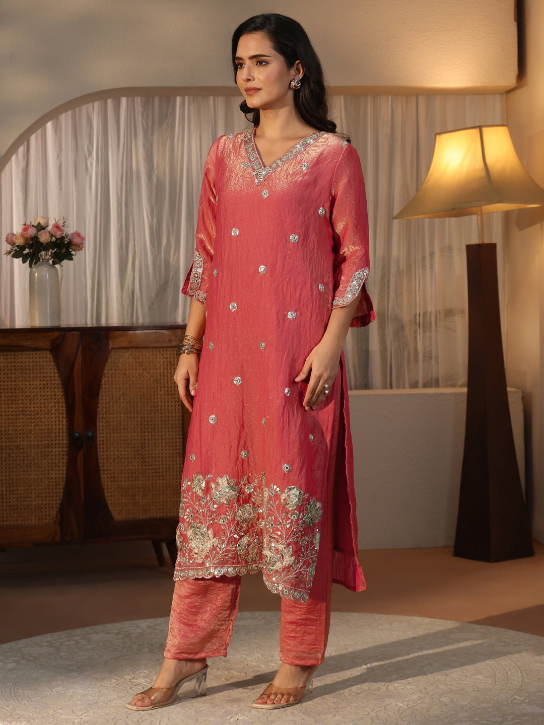 Libas Rust Red Floral Embroidered Tissue Straight Suit Set