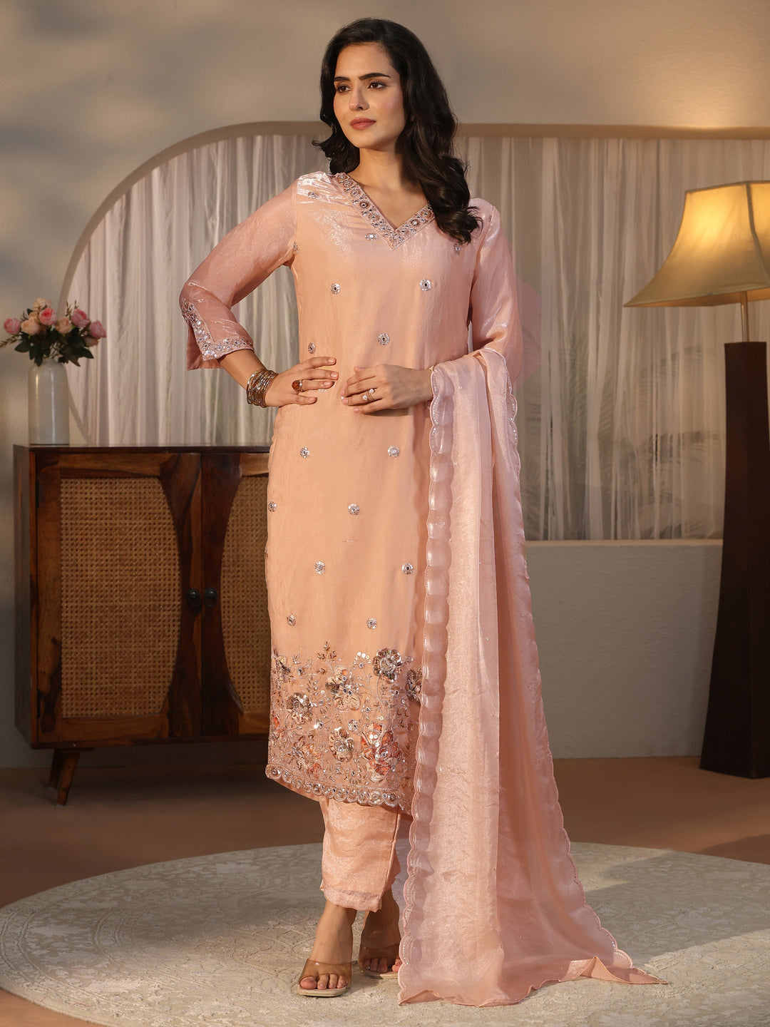 Libas Cream Floral Embellished Tissue Straight Suit Set