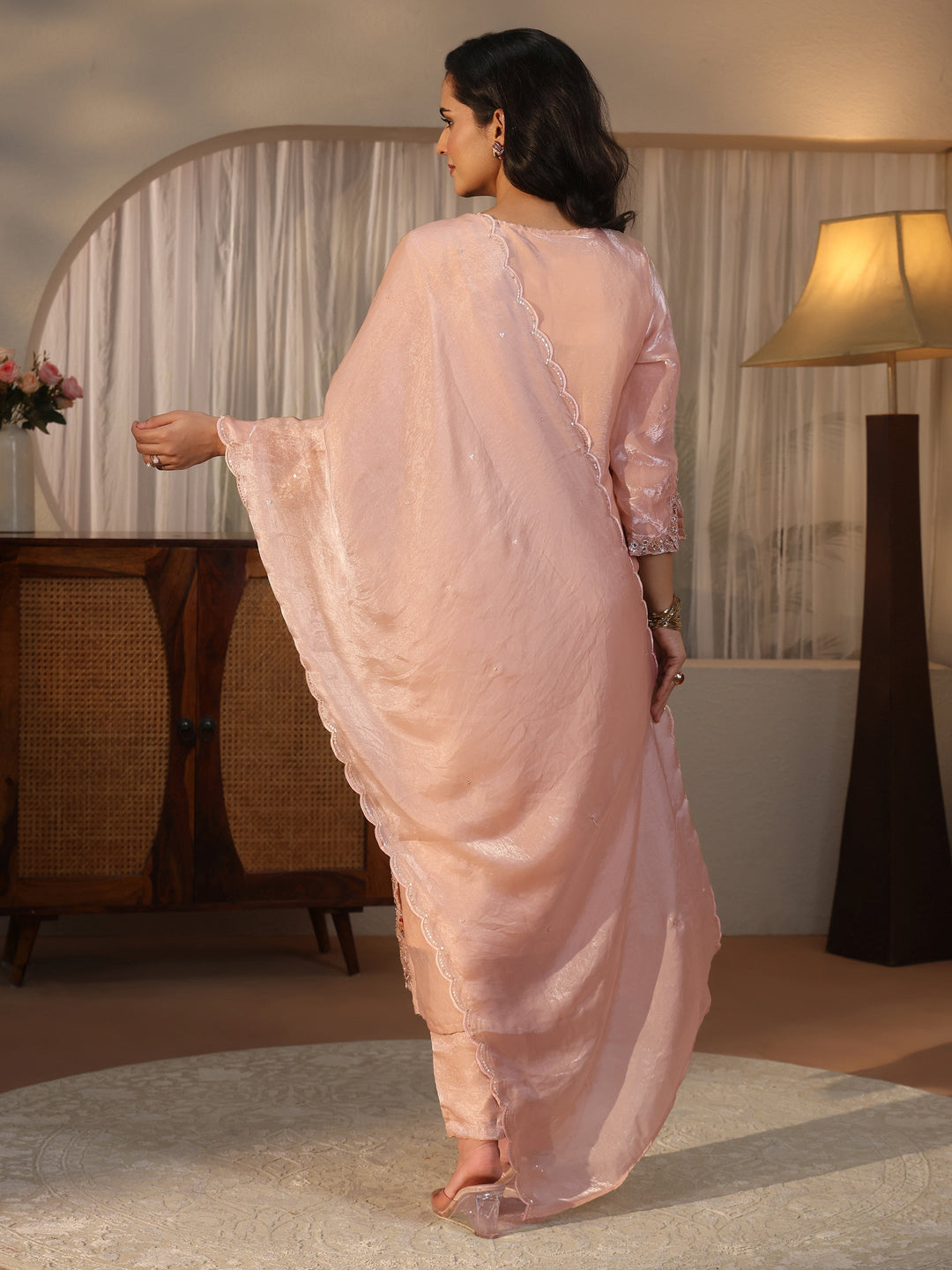 Libas Cream Floral Embellished Tissue Straight Suit Set