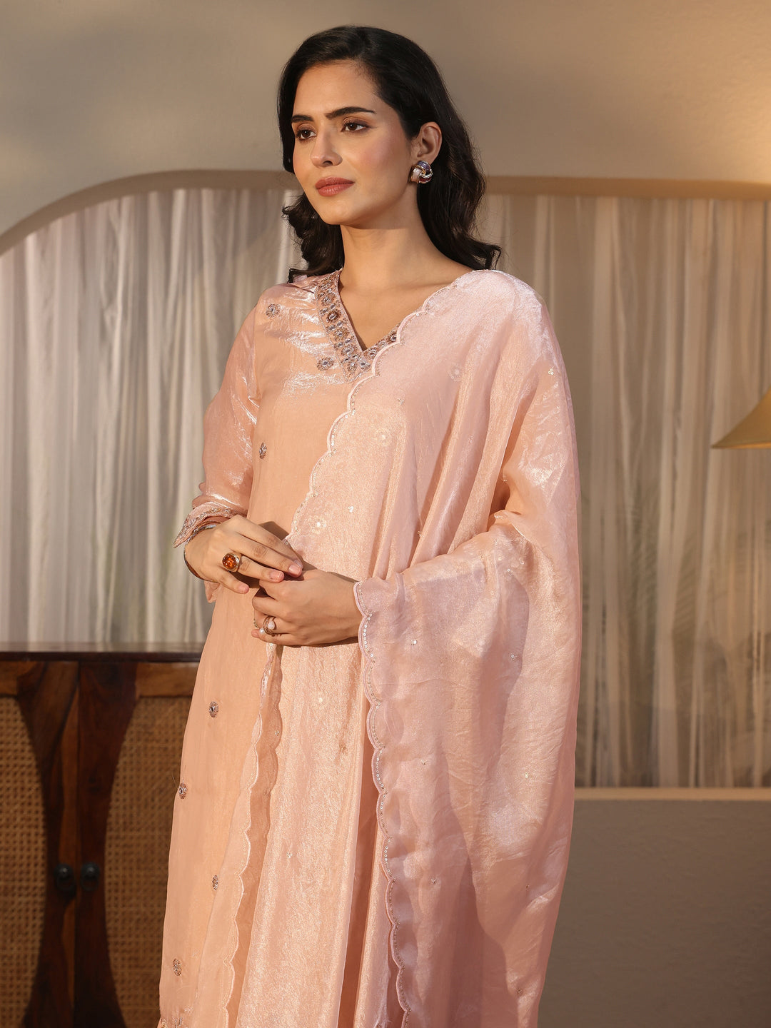 Libas Cream Floral Embellished Tissue Straight Suit Set