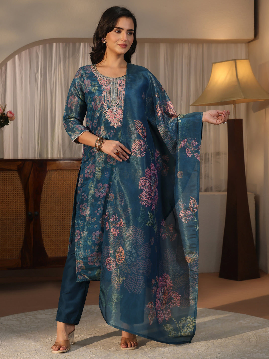 Libas Teal Blue Floral Printed Tissue Straight Suit Set